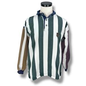 Vintage Structure Long Sleeve Polo Shirt Mens XL Colorblock Stripes Denim Collar